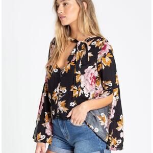 Floral tie front blouse black pink split flare sleeve V-neck top by Billabong